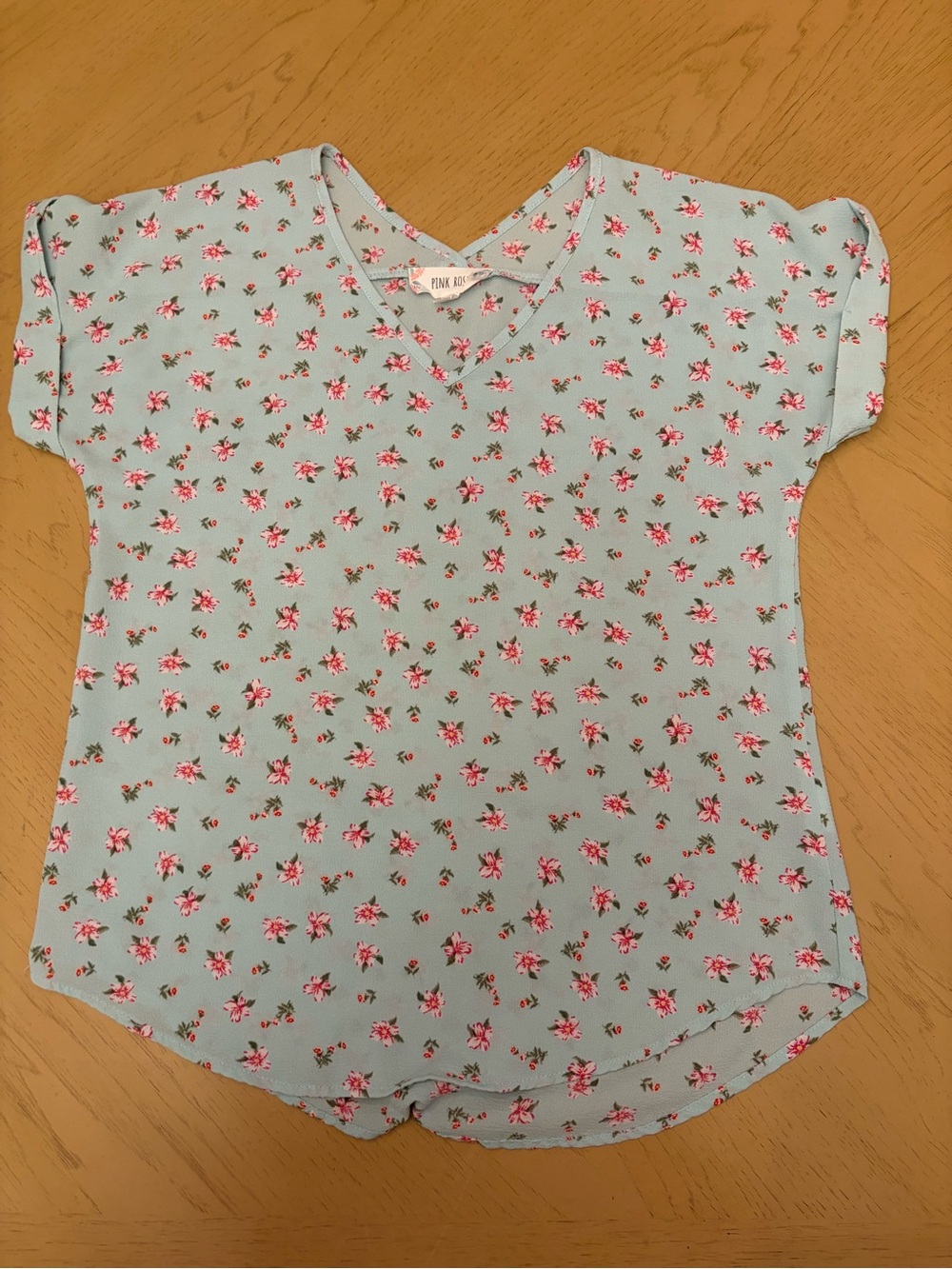 Pink Rose Mint Green Floral V-Neck Blouse